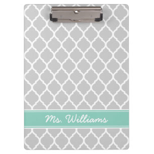 Graue und Aqua-Quatrefolien-Monogramm Klemmbrett