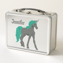 Graue und Aquamarine Einhorn Personalisiert Metall Brotdose