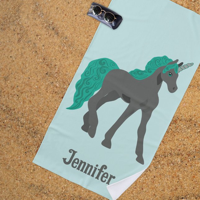 Graue und Aquamarine Einhorn Personalisiert Strandtuch (Von Creator hochgeladen)