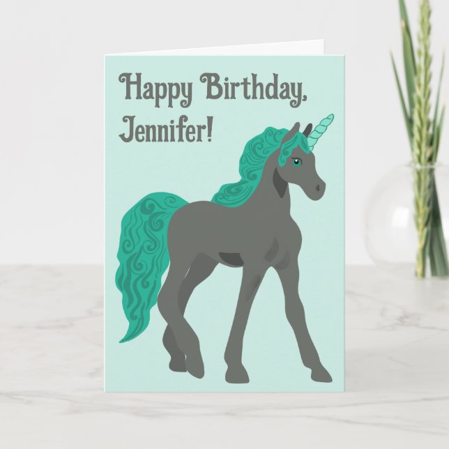 Graue und Aquamarine Einhorn Personalisierter Gebu Karte (Vorderseite)