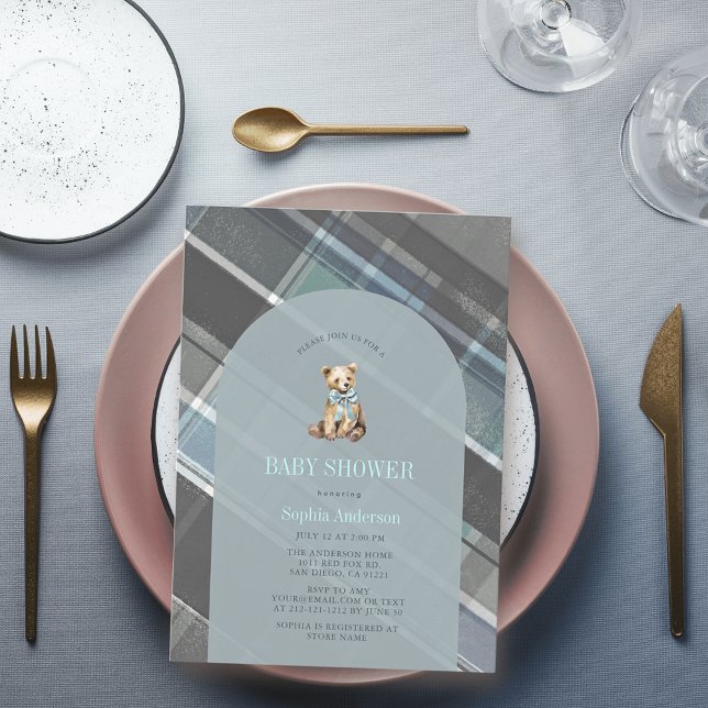 Graue und blaue Kariert Teddy Bärenjunge Babydusch Einladung (Von Creator hochgeladen)