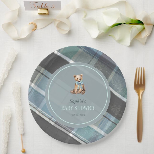 Graue und blaue Kariert Teddy Bärenjunge Babydusch Pappteller (Hochzeit)