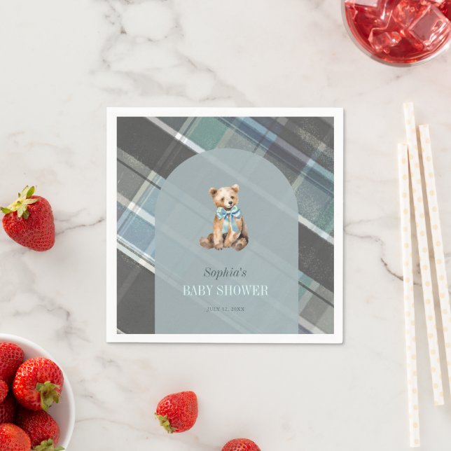 Graue und blaue Kariert Teddy Bärenjunge Babydusch Serviette (Beispiel)