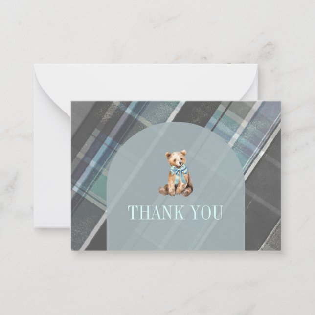 Graue und blaue Kariert Teddy Bear Baby Dusche Vie Mitteilungskarte (Vorderseite)