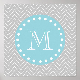 Graue und blaue moderne Zickzack Monogramm Poster