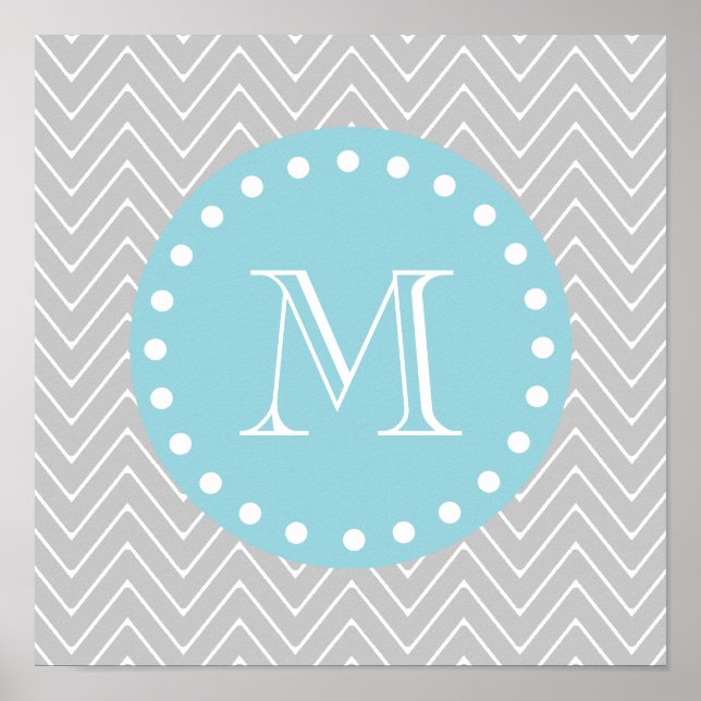 Graue und blaue moderne Zickzack Monogramm Poster (Vorne)