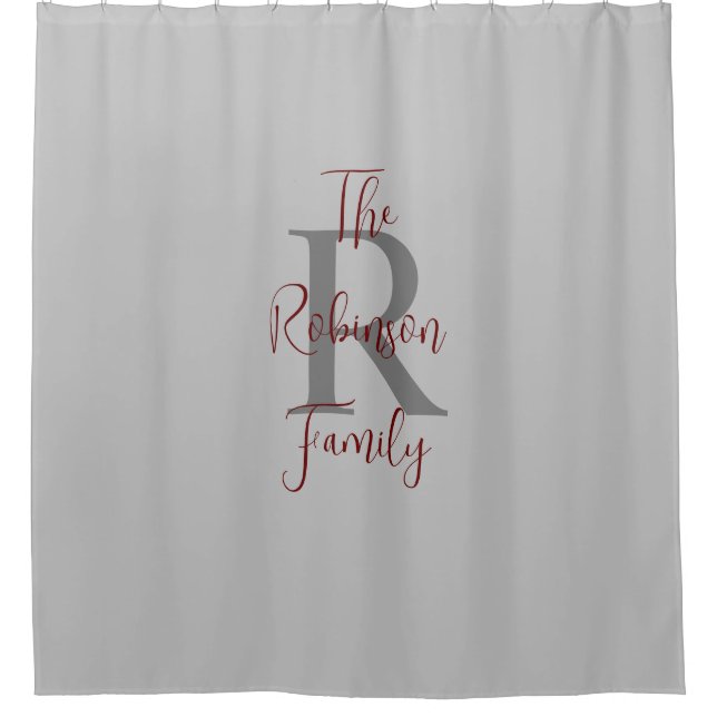 Graue und Burgund Familienname Mit Monogramm Duschvorhang (Vorderseite)