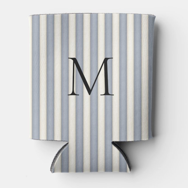 Graue und Elfenbeinstreifen Mit Monogramm Dosenkühler (Vorderseite)