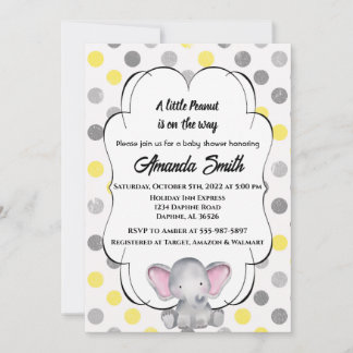 Graue und gelbe Elephant Polka Dot Baby Dusche Einladung