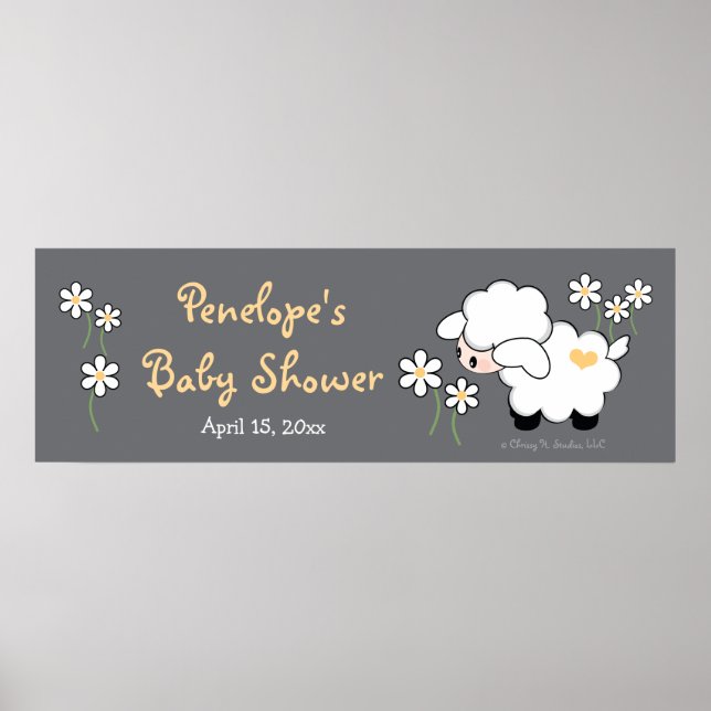 Graue und gelbe Herz-Lamm-Baby-Dusche Poster (Vorne)