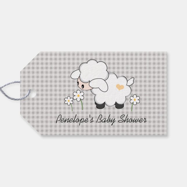 Graue und gelbe Lammdusche Geschenkanhänger (Rückseite Horizontal)