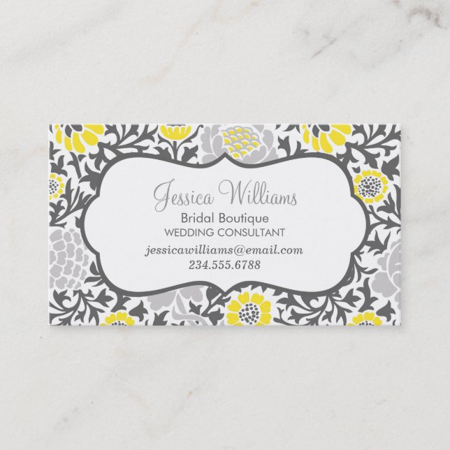 Graue und gelbe Retro-Floral Damask Visitenkarte (Vorderseite)