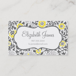 Graue und gelbe Retro-Floral Damask Visitenkarte