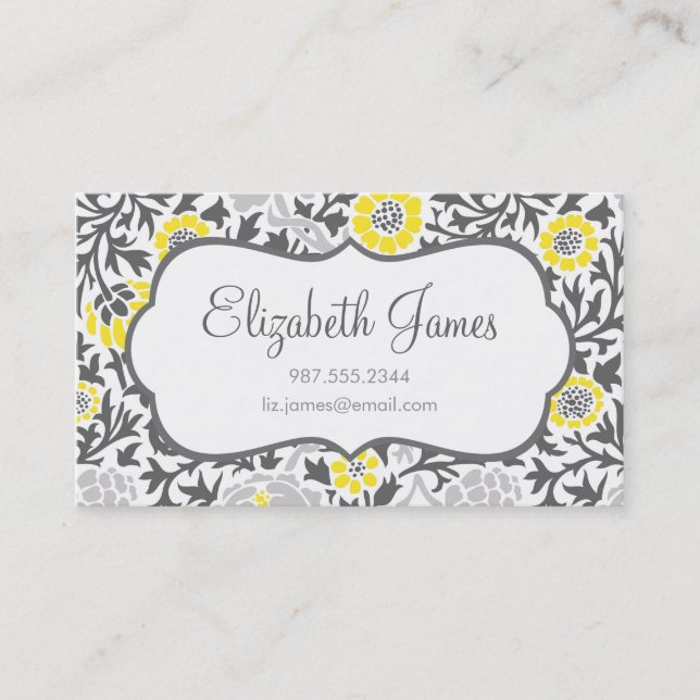 Graue und gelbe Retro-Floral Damask Visitenkarte (Vorderseite)