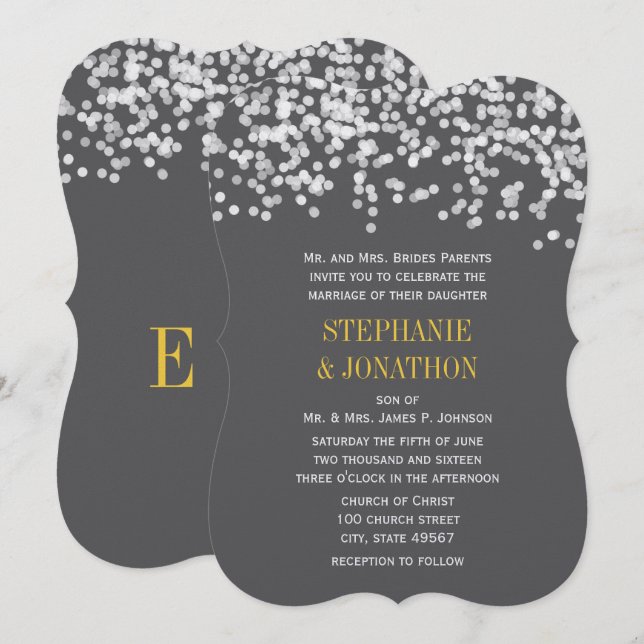 Graue und gelbe romantische Abend-Hochzeit Einladung (Vorne/Hinten)