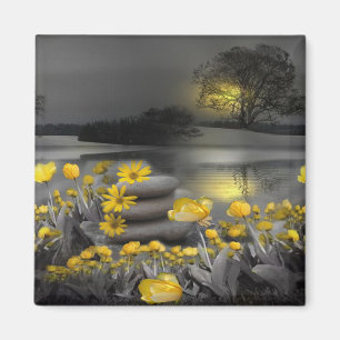Graue und gelbe Tulpen, Gänse mit Sonnenuntergang Magnet