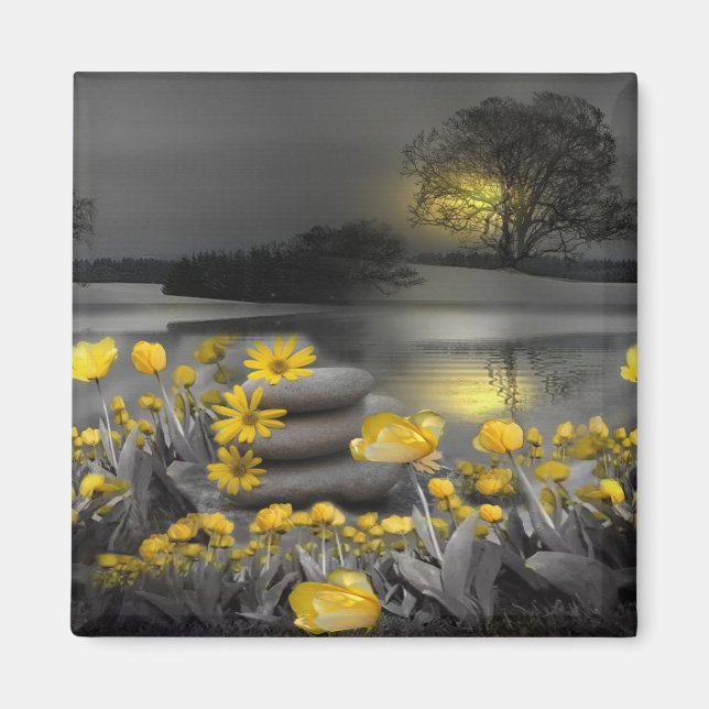 Graue und gelbe Tulpen, Gänse mit Sonnenuntergang Magnet (Vorne)