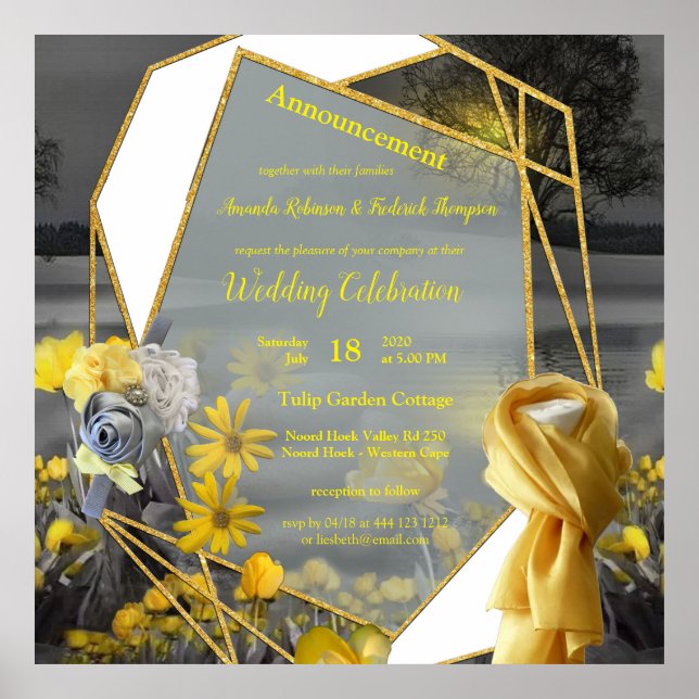 Graue und gelbe Tulpen, Gänse mit Sonnenuntergang Poster (Vorne)