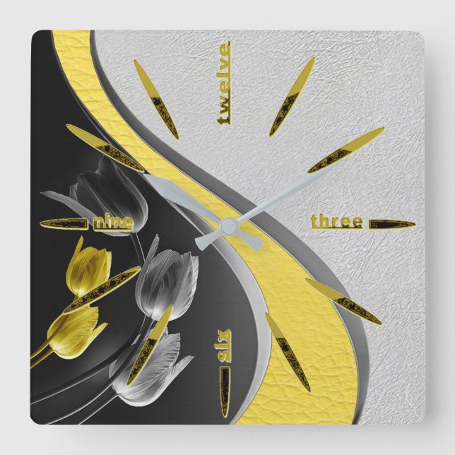 Graue und gelbe Tulpenfarben - Blume 2021 Quadratische Wanduhr (Vorderseite)