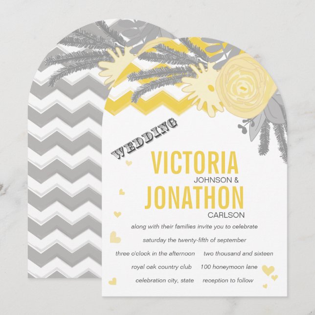 Graue und gelbe Zig Zag Romantische Hochzeit Einladung (Vorne/Hinten)