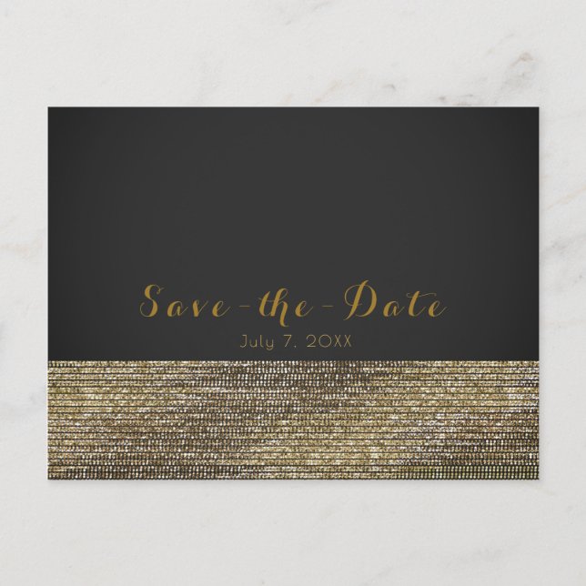 Graue und goldene, moderne Glam-Sequins-Chic Save  Ankündigungspostkarte (Vorderseite)