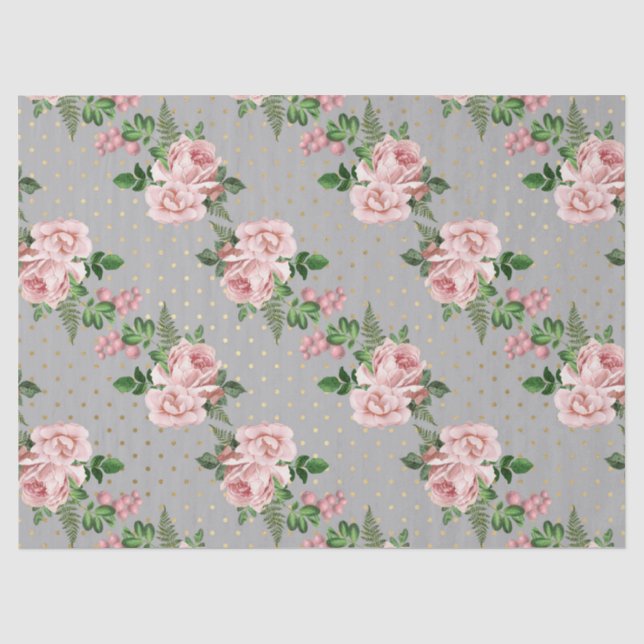 Graue und goldene Polka-Punkte mit rosa Rosen-Deco Seidenpapier (Vorderseite)