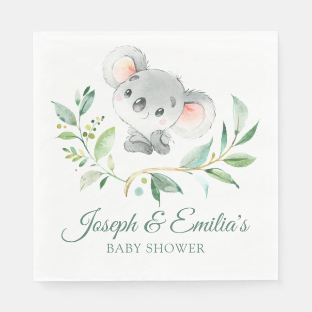 Graue und grüne Koala Babydusche Geschlecht Neutra Serviette (Vorderseite)