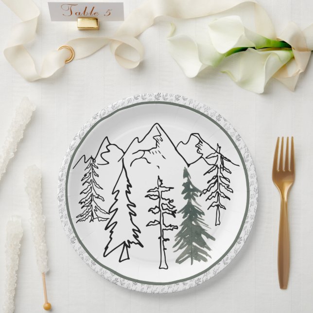 Graue und grüne Minimalistische Outdoorgebirge Bäu Pappteller (Hochzeit)