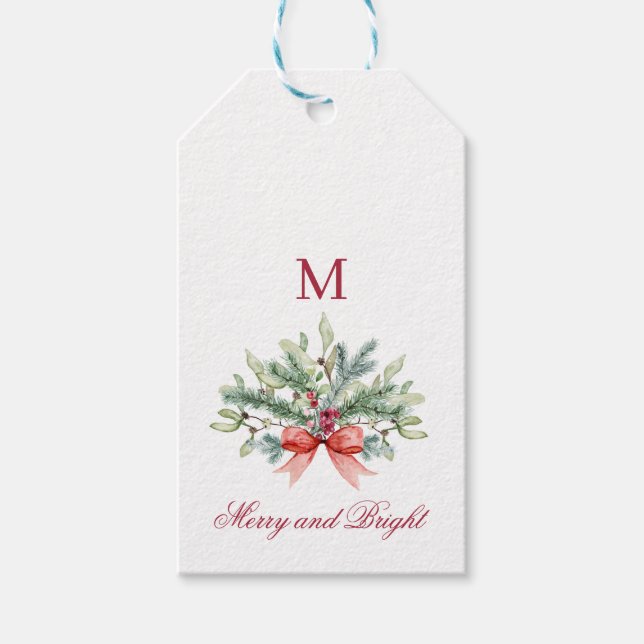 Graue und helle rote Monogram Holiday Greenerie Geschenkanhänger (Vorderseite)
