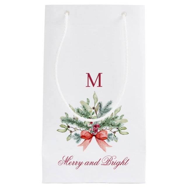 Graue und helle rote Monogram Holiday Greenerie Kleine Geschenktüte (Vorderseite)