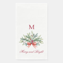 Graue und helle rote Monogram Holiday Greenerie Serviette