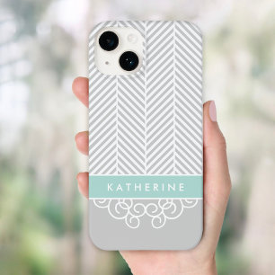 Graue und Minze Herringbone Swirl Custom Monogram Case-Mate iPhone 14 Hülle