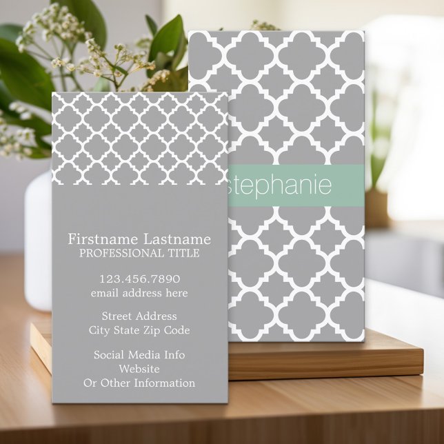 Graue und Minze Quatrefolienmuster-Individuelle Na Visitenkarte (Custom Printed Business Card)