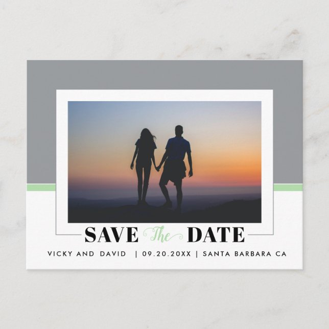 Graue und minzgrüne Hochzeit Sichern Sie das Date  Postkarte (Vorderseite)