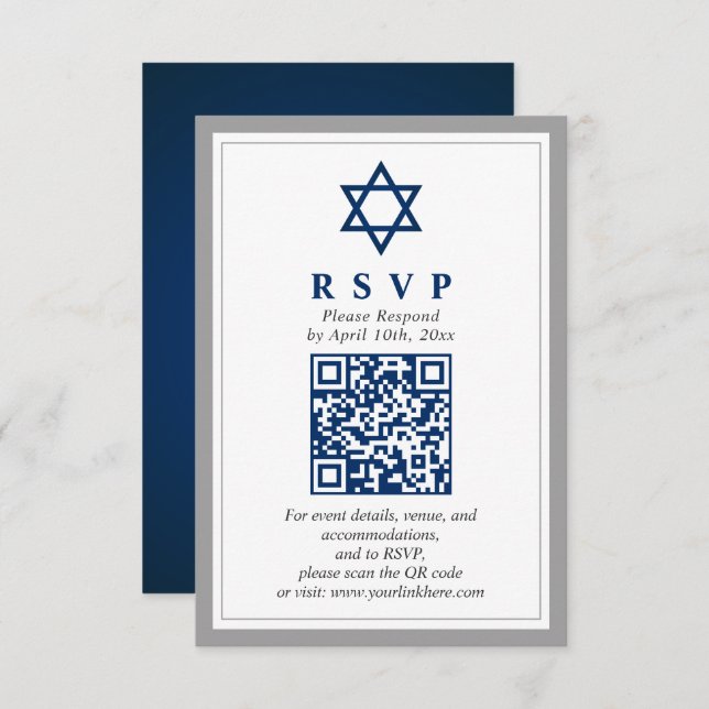 Graue und Navy Blue Bar Mitzvah QR Code UAWG Begleitkarte (Vorne/Hinten)
