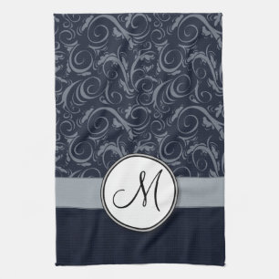 Graue und Navy Floral Wisps & Stripes mit Monogram Geschirrtuch