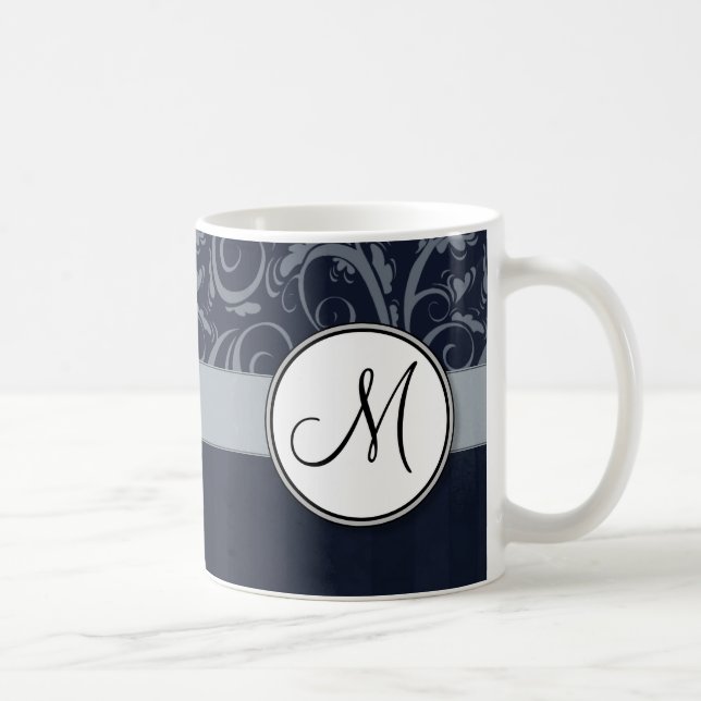 Graue und Navy Floral Wisps & Stripes mit Monogram Kaffeetasse (Rechts)