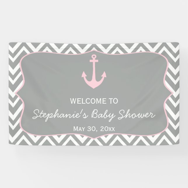 Graue und pastellrosa Zickzack Kinderdusche Banner (Horizontal)