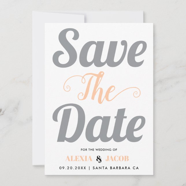 Graue und pfirsichfarbene Typografie und Foto auf  Save The Date (Vorderseite)
