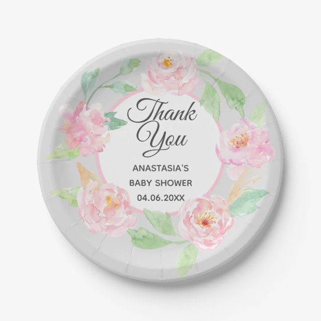 Graue und rosa Blumenstrauß Dankeschön Kinderdusch Pappteller (Vorderseite)