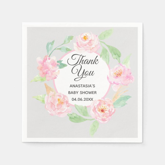 Graue und rosa Blumenstrauß Dankeschön Kinderdusch Serviette (Vorderseite)