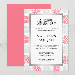 Graue und rosa florale Damast-Muslim-Aqiqah-Zeremo Einladung