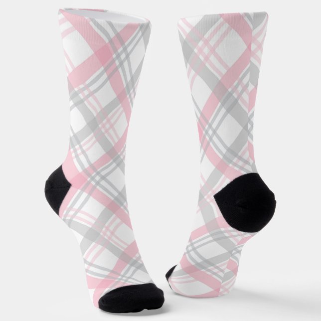 Graue und rosa karierte Crew Socken (Gewinkelt)