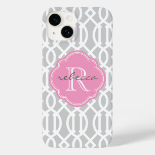Graue und rosa moderne Trellis Custom Monogram Case-Mate iPhone 14 Hülle