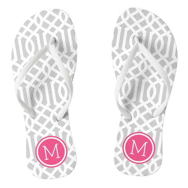 Graue und rosa Trellis Monogramm Flip Flops (Fußbett)