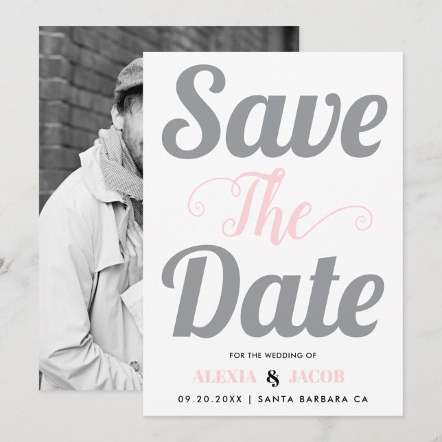 Graue und rosa Typografie und Foto auf der Rücksei Save The Date (Vorne/Hinten)