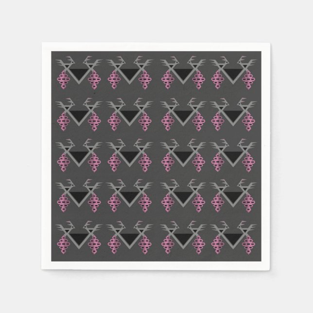 Graue und rosa Vögel im Weingarten Kilim Ornament Serviette (Vorderseite)