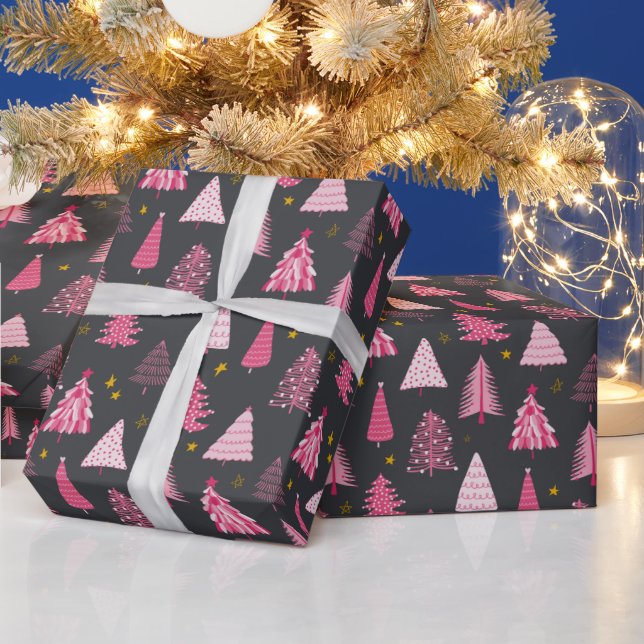 Graue und rosa Weihnachtsbaummuster Geschenkpapier (Feiertage)