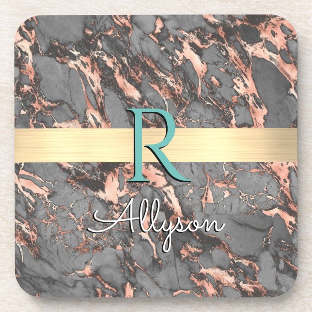 Graue und Rose Gold-Marmor, Gold-Bar, Name & Monog Getränkeuntersetzer (Vorderseite)