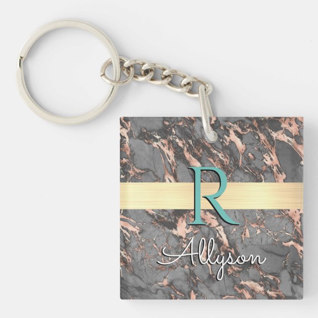 Graue und Rose Gold-Marmor, Gold-Bar, Name & Monog Schlüsselanhänger (Vorderseite)